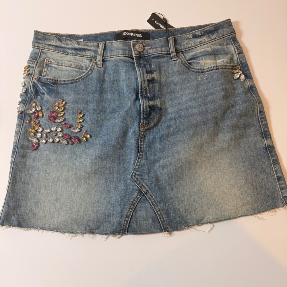 Express Embellished Denim Mini Skirt Rhinestone Distressed Size 12 New